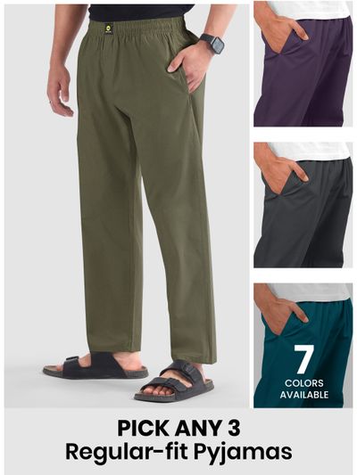 Mens pyjama pants with regular fit in different colors with text "Pick any 3" and "8 colors available."