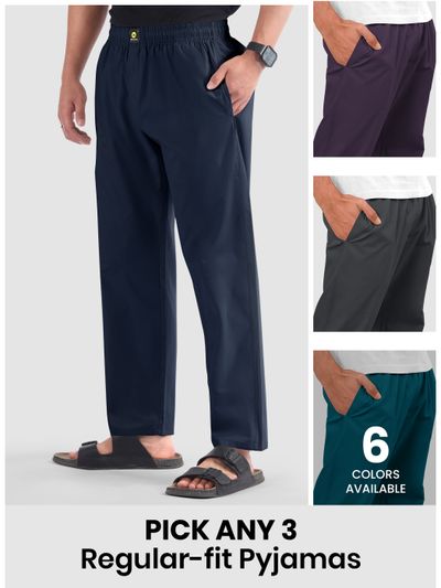 Mens pyjama pants with regular fit in different colors with text "Pick any 3" and "8 colors available."