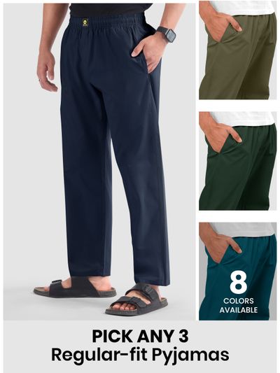 Mens pyjama pants with regular fit in different colors with text &quot;Pick any 3&quot; and &quot;8 colors available.&quot;