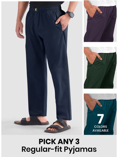 Mens pyjama pants with regular fit in different colors with text &quot;Pick any 3&quot; and &quot;8 colors available.&quot;
