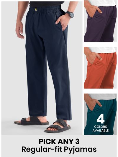 Mens pyjama pants with regular fit in different colors with text "Pick any 3" and "8 colors available."