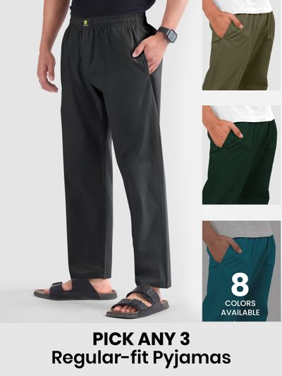Mens pyjama pants with regular fit in different colors with text &quot;Pick any 3&quot; and &quot;8 colors available.&quot;