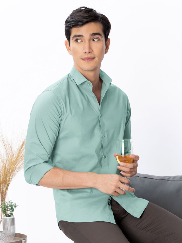 Pista Green Cotton Solid Shirts For Men