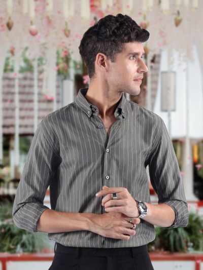 Ash Grey?Stripe Button Down Collar Shirt