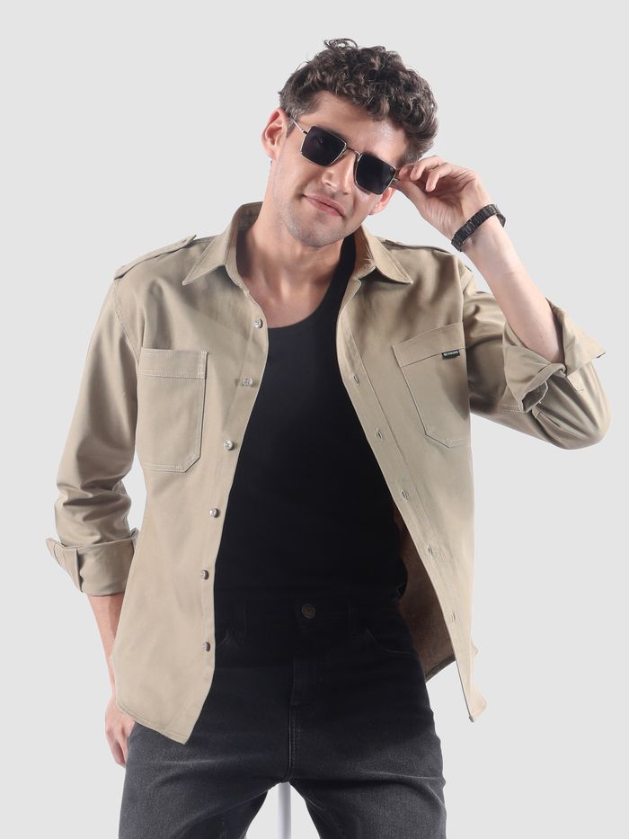 Beige Shoulder Flap Cotton Shirt