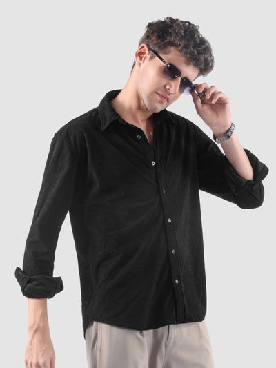 Black Lazer Cut Floral Textured Corduroy
                      Shirt