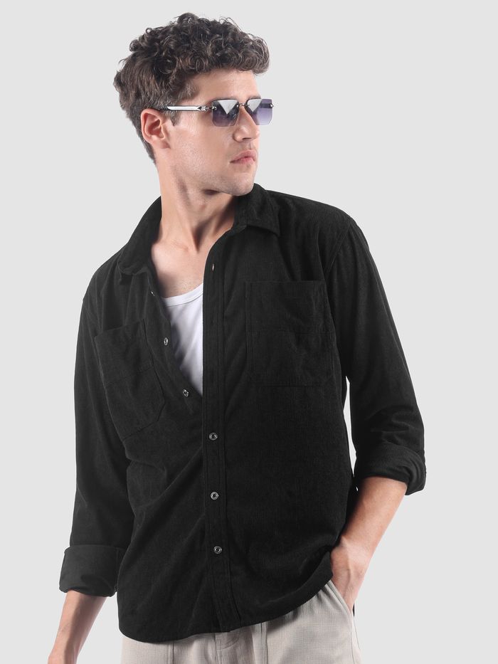 Black Lazer Cut Stripe Textured Corduroy Shirt