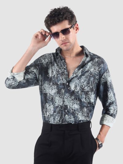 Blue Abstract Flower Print Shirt