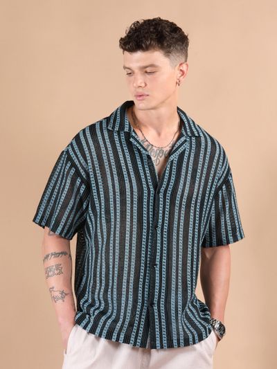 Blue Stripe Crochet Half-Sleeves Shirt Blue Stripe Crochet Half-Sleeves Shirt