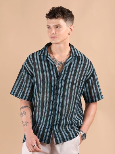 Blue Stripe Crochet Half-Sleeves Shirt Blue Stripe Crochet Half-Sleeves Shirt
