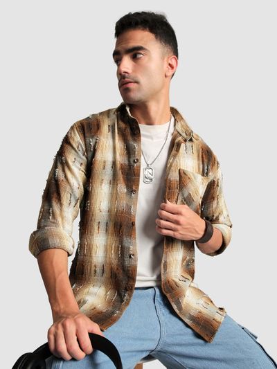 Brown Frayed Check Shirt