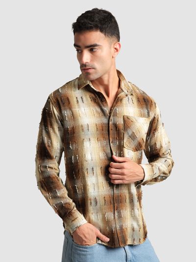 Brown Frayed Check Shirt