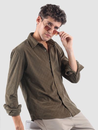 Coffee Brown Lazer Cut Floral Textured
                      Corduroy Shirt