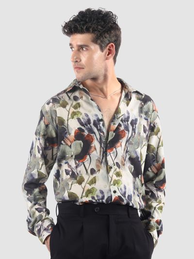 Cream Abstract Tropical Print Shirt