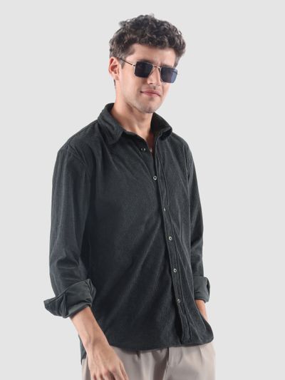 Dark Grey Lazer Cut Floral Textured Corduroy
                      Shirt