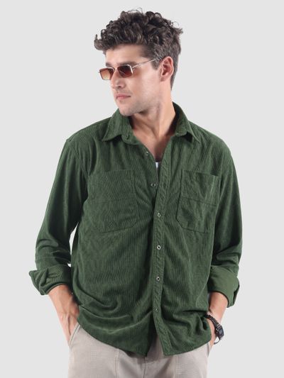 Dark Olive Lazer Cut Stripe Textured Corduroy
                      Shirt