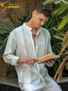 Green And Blue Stripe Mandarin Collar Shirt