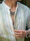 Green And Blue Stripe Mandarin Collar Shirt