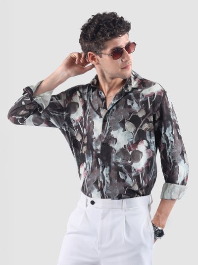 Grey Abstract Tropical Print Shirt