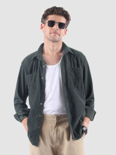 Grey Lazer Cut Stripe Textured Corduroy
                      Shirt