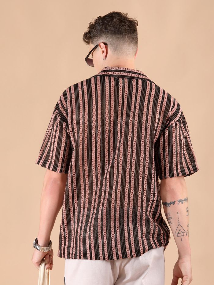 Mauve Stripe Crochet Half-Sleeves Shirt