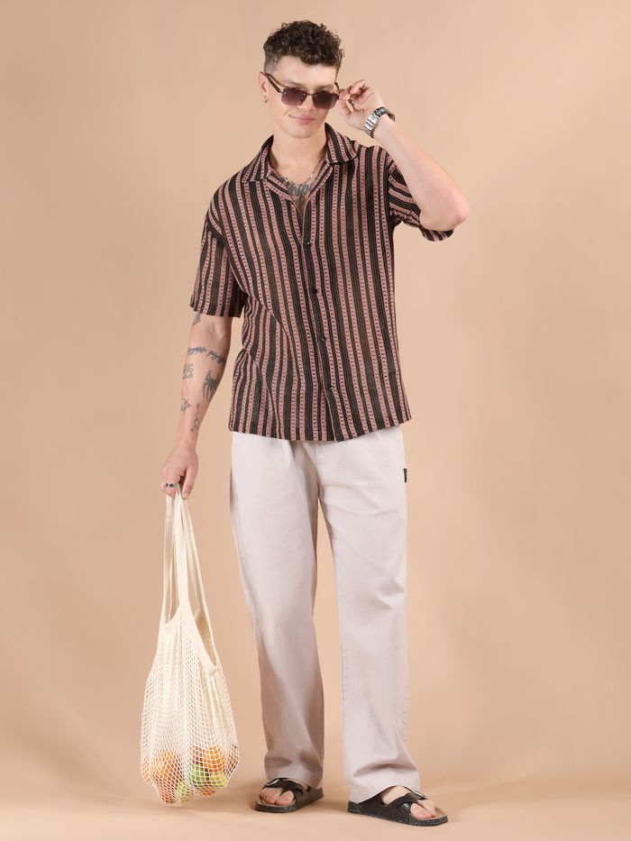 Mauve Stripe Crochet Half-Sleeves Shirt