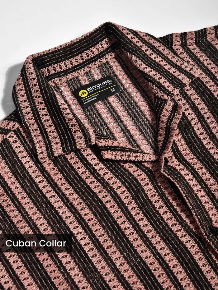 Mauve Stripe Crochet Half-Sleeves Shirt