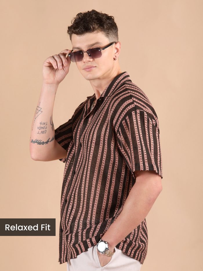 Mauve Stripe Crochet Half-Sleeves Shirt