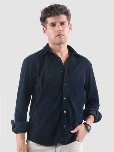 Navy Lazer Cut Floral Textured Corduroy
                      Shirt