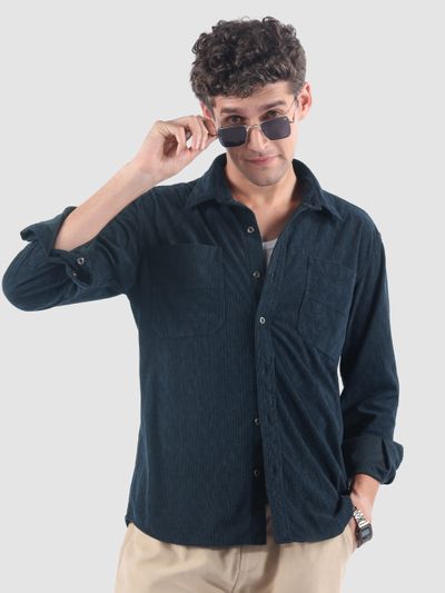 Navy Lazer Cut Stripe Textured Corduroy
                      Shirt