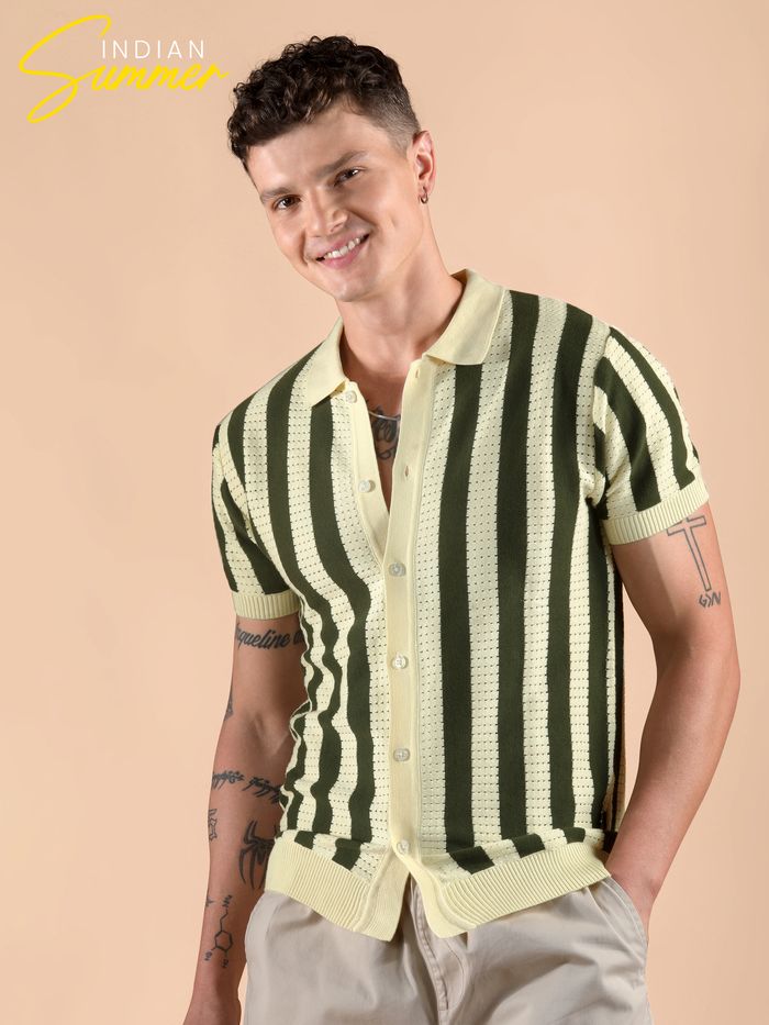 Olive Green Striped Flat Knit Shirt