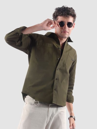 Olive Shoulder Flap Cotton Shirt