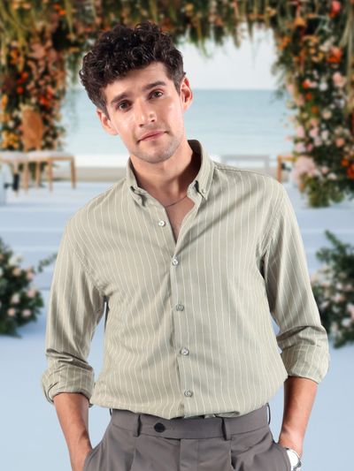 Pale Olive Green Stripe Button Down Collar
                      Shirt