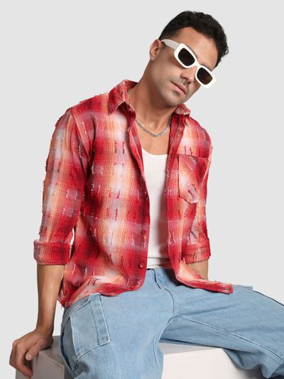 Red Frayed Check Shirt