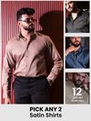 Collage of men's satin shirts in black and green and 10 colors available.