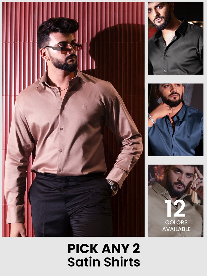 Collage of men's satin shirts in black and green and 10 colors available.