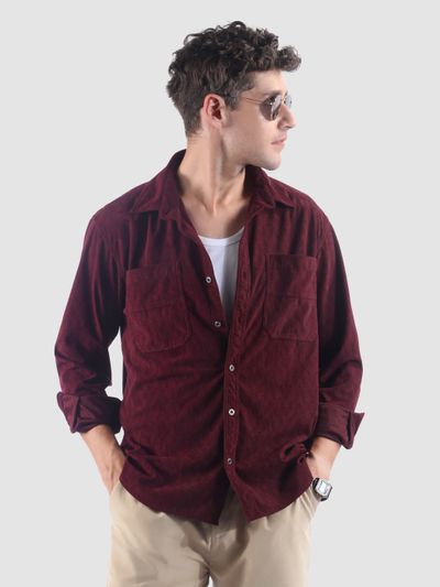 Wine Lazer Cut Stripe Textured Corduroy
                      Shirt