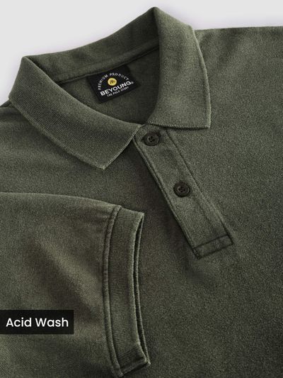 Deep Olive Acid Wash Polo T-shirt