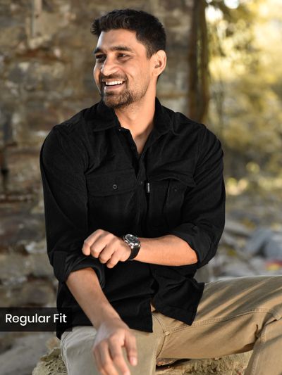 Black Dual Pocket Corduroy Shirt 