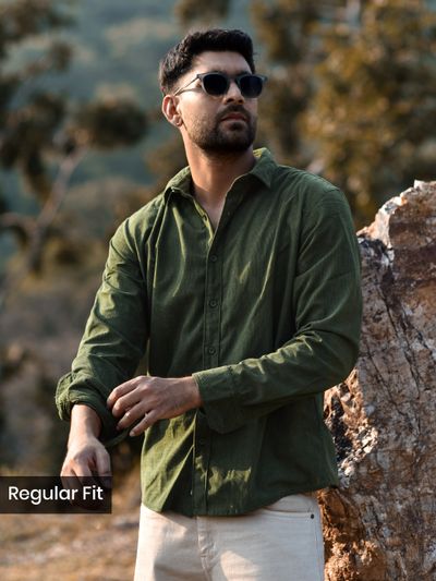 Olive Green Solid Corduroy Shirt