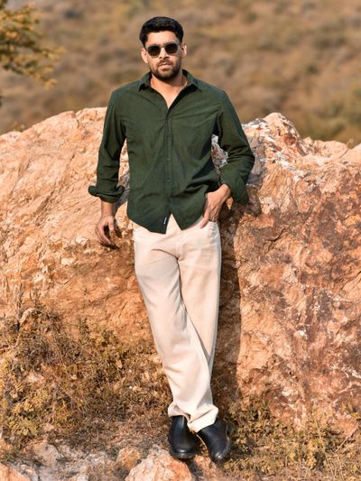 Olive Green Solid Corduroy Shirt