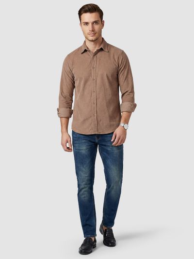 Stone Brown Solid Corduroy Shirt