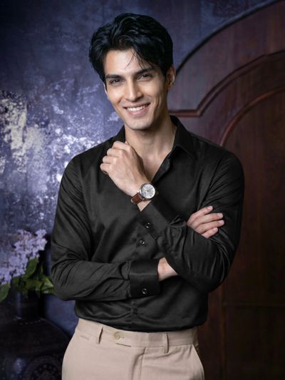 Black Double Cuff Satin Shirt