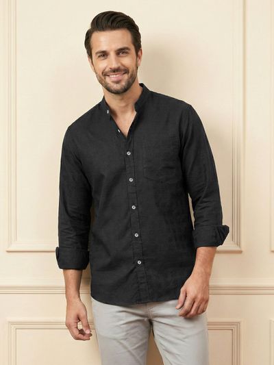 Black Mandarin Collar Textured Shirt