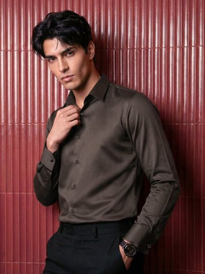 Brown Double Cuff Satin Shirt