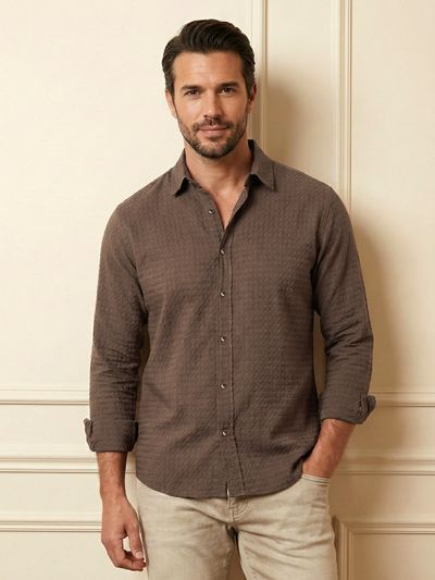 Brown Jacquard Round Textured Shirt Shop online for men's textured shirts for casual comfort,