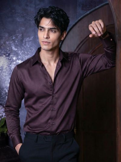 Dark Wine Double Cuff Satin Shirt