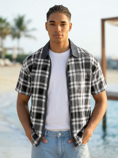 Grey and Blue Denim Collar Zipper Shirt Grey and Blue Denim Collar Zipper Shirt