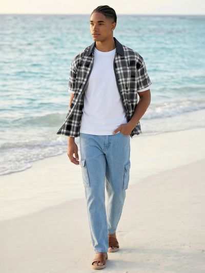 Grey and Blue Denim Collar Zipper Shirt Grey and Blue Denim Collar Zipper Shirt