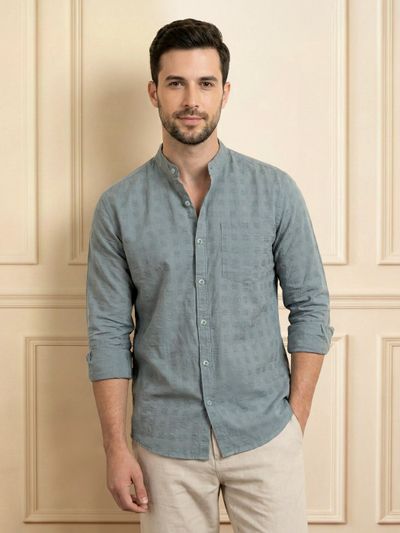 Grey Mandarin Collar Textured Shirt